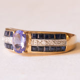 Vintage Ring aus 9 Karat Gelbgold mit Tansanit, Saphir und Diamant, 70er Jahre