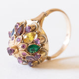 Vintage-Ring „Pagode“ aus 10-karätigem Gelbgold mit rosa Saphiren, Citrin, grünem Glas, gelbem Saphir, Granat, blauem Topas, weißem Quarz und braunem Topas, 70er Jahre