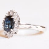 Vintage 18K white gold sapphire (approx. 1.60ct) and brilliant cut diamonds (approx. 0.52ctw) daisy ring, 60s