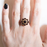 Vintage 18K Gelbgold Granat Gänseblümchen Ring, 60er Jahre