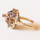 Vintage-Ring „Pagode“ aus 10-karätigem Gelbgold mit rosa Saphiren, Citrin, grünem Glas, gelbem Saphir, Granat, blauem Topas, weißem Quarz und braunem Topas, 70er Jahre