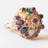Vintage-Ring „Pagode“ aus 10-karätigem Gelbgold mit rosa Saphiren, Citrin, grünem Glas, gelbem Saphir, Granat, blauem Topas, weißem Quarz und braunem Topas, 70er Jahre