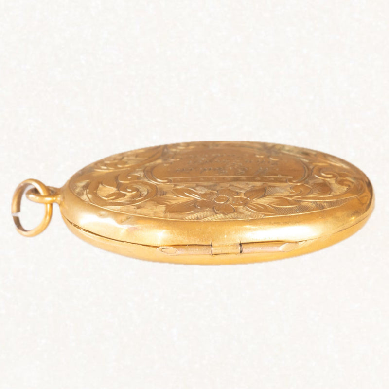 Ciondolo portafoto antico di forma ovale con lamina in oro giallo 9K su metallo, primi del ‘900