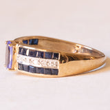 Vintage Ring aus 9 Karat Gelbgold mit Tansanit, Saphir und Diamant, 70er Jahre