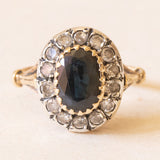 Vintage-Gänseblümchenring aus 18-karätigem Gelbgold und Silber mit Saphir (ca. 2 ct) und Diamanten im Brillantschliff (ca. 0.42 ctw), 50er/60er Jahre