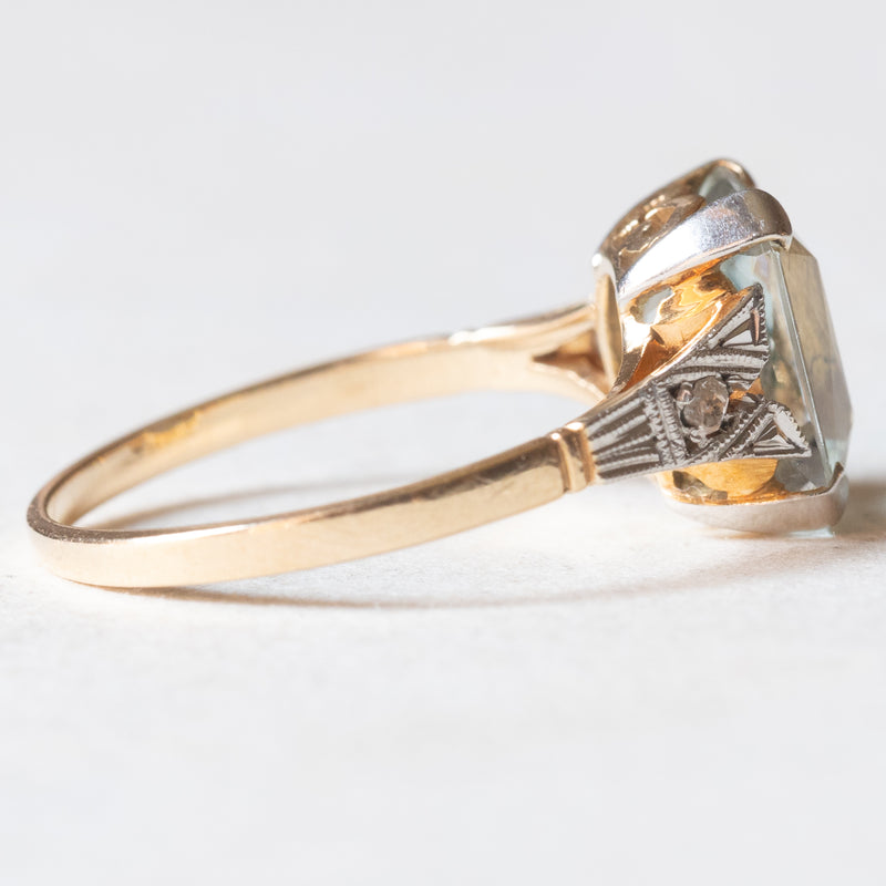 Anello Art Déco in oro giallo e in oro bianco 18K con acquamarina (3ct ca.) e diamanti di taglio rosetta, anni ‘30