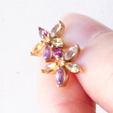 Vintage-Blumenohrringe aus 9-karätigem Gelbgold mit blauem Topas, rosa Turmalin, Citrin, Amethyst und grünem Turmalin, 80er Jahre