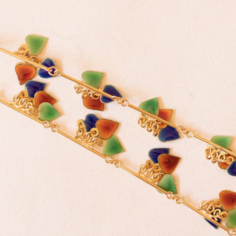 Collier vintage in oro giallo 18K con decorazioni pendenti a forma di cuori con smalti rossi, arancioni, verdi e blu, anni ‘70