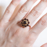 Vintage 18K Gelbgold Granat Gänseblümchen Ring, 60er Jahre
