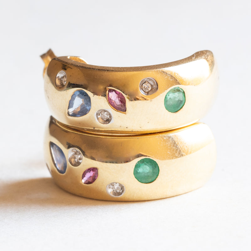 Orecchini vintage in oro 14K con diamanti, rubini, smeraldi e zaffiri, anni ‘70/‘80