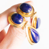 Boucles d'oreilles pendantes vintage en or jaune 18 carats avec lapis-lazuli, 60