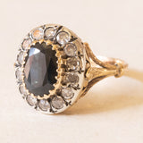 Vintage-Gänseblümchenring aus 18-karätigem Gelbgold und Silber mit Saphir (ca. 2 ct) und Diamanten im Brillantschliff (ca. 0.42 ctw), 50er/60er Jahre