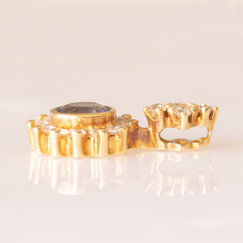 Ciondolo vintage in oro giallo 14K con zaffiro (0.30ct ca.) e diamanti (0.16ctw ca.), anni ‘70