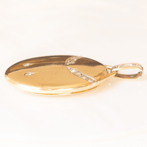 Ciondolo portafoto antico placcato in oro giallo con diamanti di taglio rosetta e con scomparto in vetro sul retro, primi del ‘900