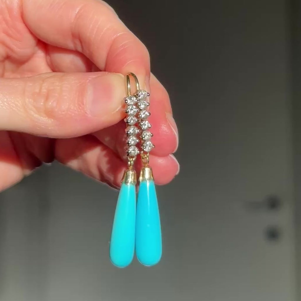 Boucles D'oreilles Pendantes Turquoise Et Diamant – Or Jaune 14 Carats