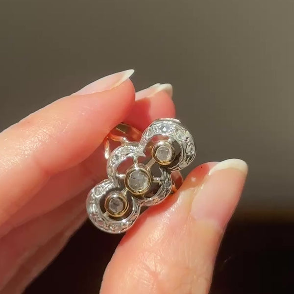 Anello vintage in stile antico in oro giallo 18K e argento con diamanti di taglio rosa