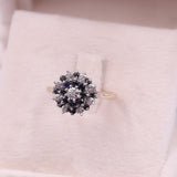Anello vintage in oro giallo 9k a fiore con zaffiri e diamanti