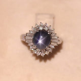Anello vintage a ballerina in platino 900 con zaffiro stellato (4,59ct) e diamanti (0,85ctw)