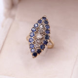 Anello vintage a navette in oro 14k con zaffiri e diamanti, anni '50