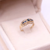 Anello vintage in oro giallo 14k con diamanti e zaffiri, anni '70