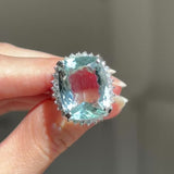 Anello a margherita vintage in platino con acquamarina (17.93ct) e diamanti (1ctw), anni ‘70/‘80