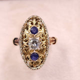 Anello vintage in oro giallo 18k con zaffiri (0,30ctw) e diamante (0,30ct), anni '50