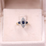 Anello vintage in oro giallo e argento con zaffiri (0,30ctw) e diamanti (0,16ctw)