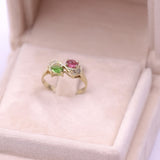 Anello vintage in oro giallo 14k con tormalina rosa e verde e diamanti, anni '70