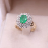 Anello vintage a margherita in oro giallo 14k con smeraldo (1.70ct) e diamanti (0.84ctw), anni '70