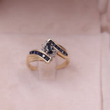 Anello vintage in oro giallo 14k con zaffiri e diamanti, anni '70