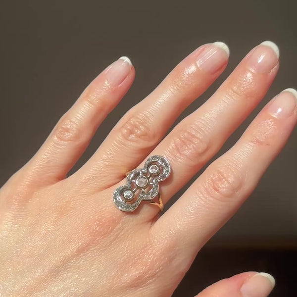 Anello vintage in stile antico in oro giallo 18K e argento con diamanti di taglio rosa