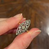 Anello a navette antico in oro giallo 14K e argento con diamanti di taglio rosetta (0.30ctw ca.), primi del ‘900