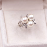 Vintage 14k white gold ring with three pearls and diamonds, 60s