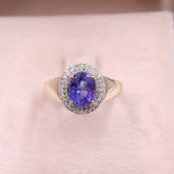 Anel vintage em ouro 14k com design de margarida, tanzanita (2,10 ct) e diamantes (0,30 ct no total), década de 80.