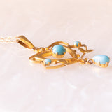 Halskette mit Vintage-Kette aus 9-karätigem Gelbgold und Jugendstil-Lavalier-Anhänger aus 9-karätigem Gelbgold mit Türkispaste