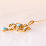 Halskette mit Vintage-Kette aus 9-karätigem Gelbgold und Jugendstil-Lavalier-Anhänger aus 9-karätigem Gelbgold mit Türkispaste
