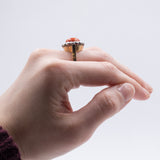 Vintage ring in 18K gold and silver with coral and diamond rosettes, 40s