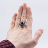 Vintage Gold- und Silberring mit zentralem Saphir und Rosetten, 50er Jahre