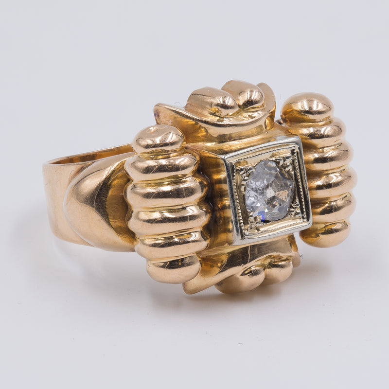 Anello antico in oro giallo 18K con diamante di circa 0.20ct, anni '40