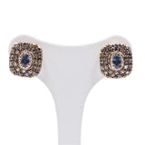 Boucles d'oreilles vintage en or 14 carats avec saphir central et diamants taillés en rosette