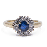 Vintage 14K gold daisy ring with sapphire (approx.1ct) and diamonds (approx.0.80ct), 50s