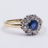 Vintage 14K gold daisy ring with sapphire (approx.1ct) and diamonds (approx.0.80ct), 50s