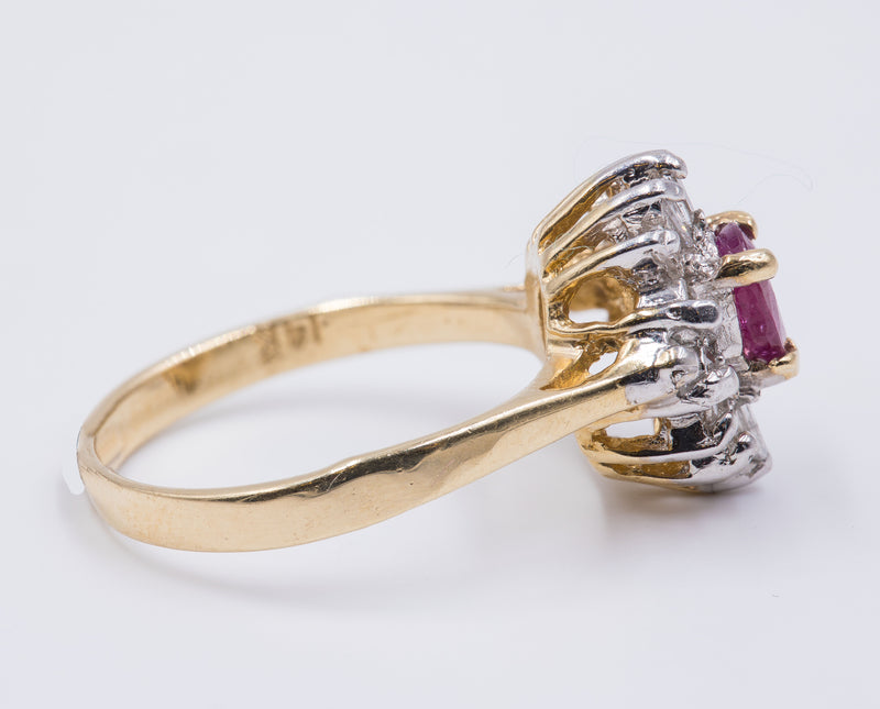 Anello vintage in oro 14k con rubino centrale e diamanti, anni 70