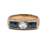 Antique 18k gold men's ring with central rose cut diamond and sapphires, early 900s
