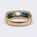 Antique men's ring in 18k gold with central rose cut diamond and sapphires, early 1900s