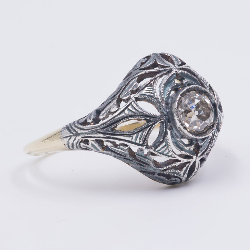 Anello Art Nouveau in oro 14K e argento con diamante taglio vecchio (0.50ct ca.), anni '20