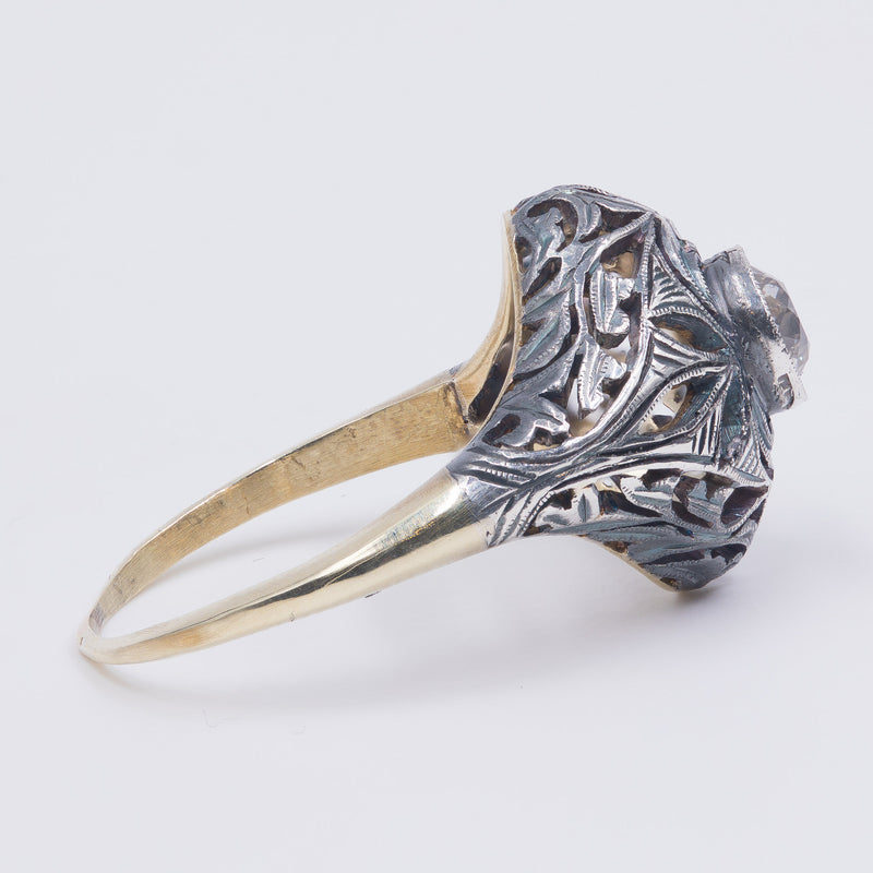 Anello Art Nouveau in oro 14K e argento con diamante taglio vecchio (0.50ct ca.), anni '20