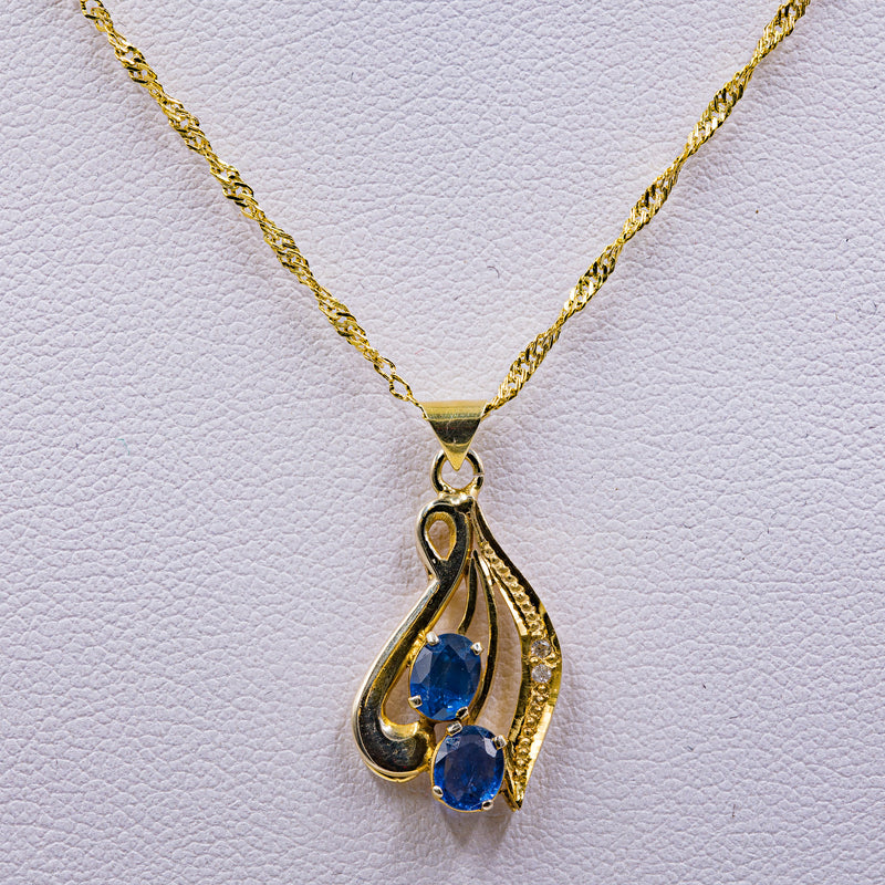 Collana vintage in oro 14k con pendente con zaffiri e diamanti, anni '70/'80
