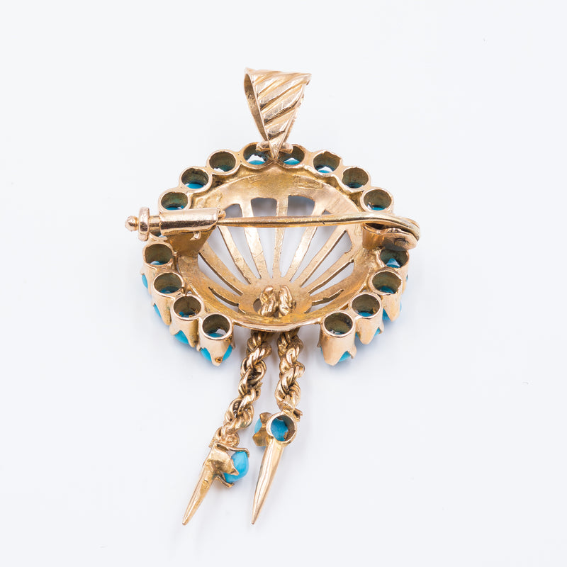 Broche pendentif vintage en or 14 carats avec turquoise, 1950