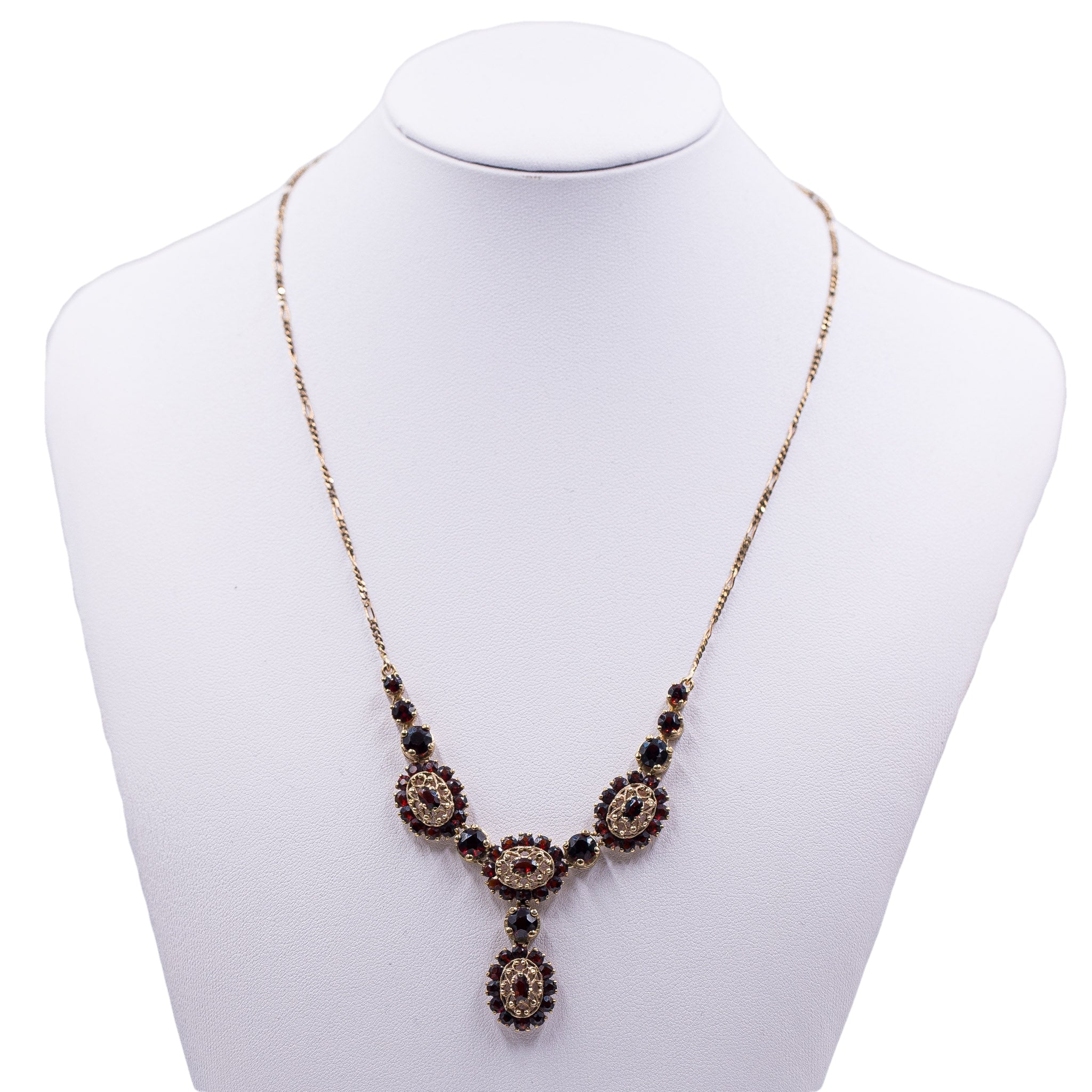 Spilla Oro Giallo 18KT Con Granati Naturali Forma Tonda Taglio Brillante Epoca 1950